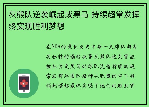 灰熊队逆袭崛起成黑马 持续超常发挥终实现胜利梦想